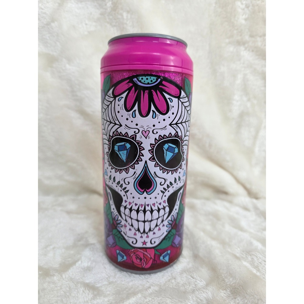 Cool Gear Skull Blooms Sugar‎ Skull Roses Glitter Tumbler Can Style 16oz Pink
